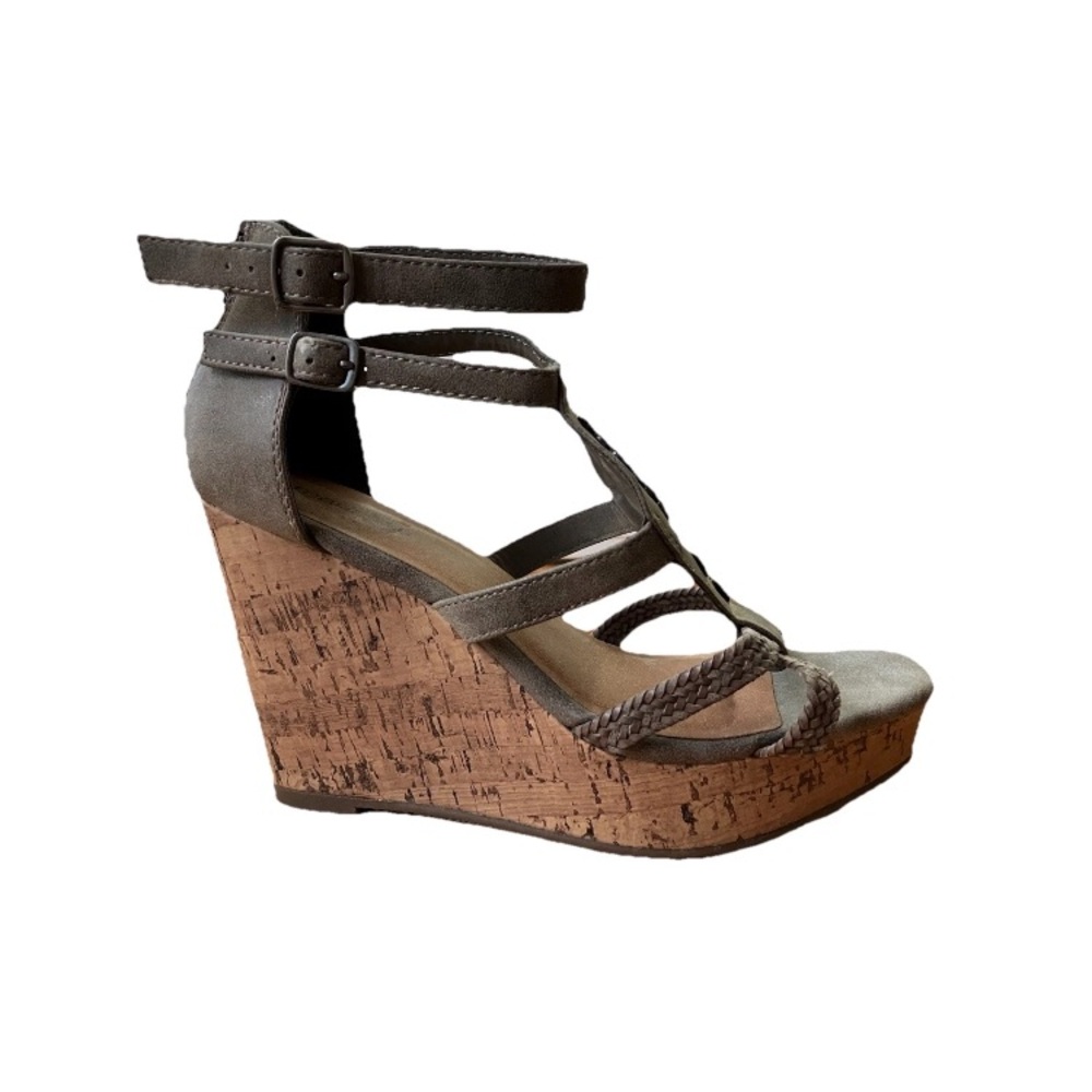 Faux Leather Cork Wedge Sandals Jewel Filigree Maurices Sz 9.5 Gray Tan